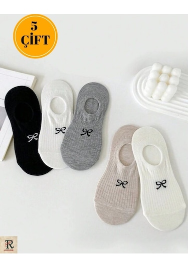Trampler Kurdela Desenli Çorap Görünmez Kadın Babet Çorap 5 Çift Çok Renkli