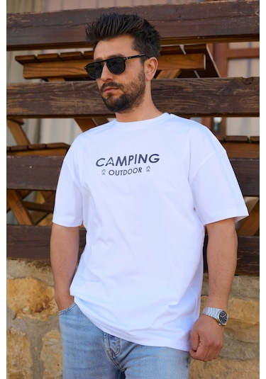 Velvoria Unisex Oversize Siyah Camping T-shirt Beyaz