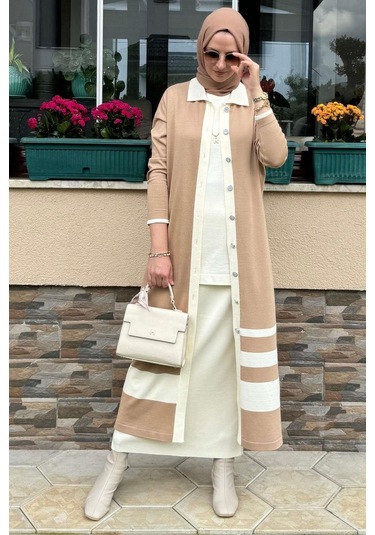 İmge Çizgili Triko Hırka Bej Çok Renkli