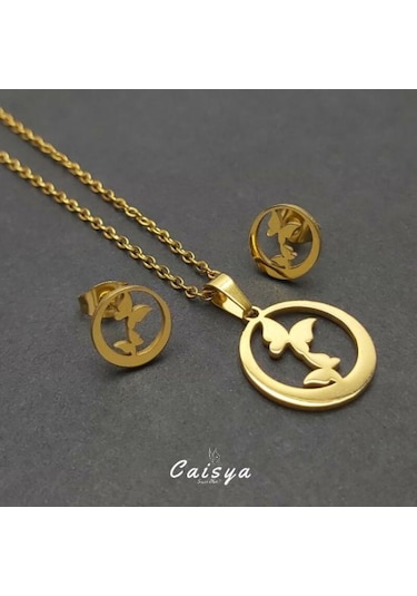Kelebek Yuvası Çelik Kolye Küpe Set Gümüş