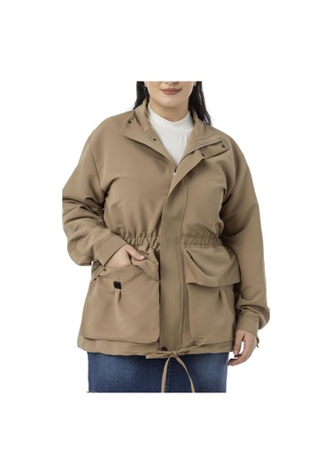 Büyük Beden Çıtçıt Ve Fermuar Kapamalı Beli Büzgülü Astarlı Vizon Trençkot Vizon