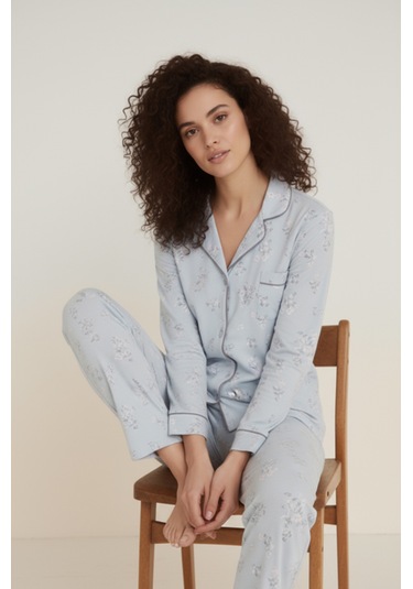 Luxury Viscose Mavi Çiçek Desenli Kadın Uzun Kollu Pijama Takımı 42550 Turkuaz