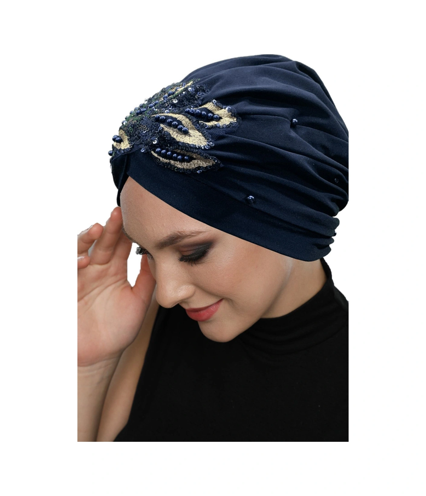 Kopma Astarlı Işlemeli Lacivert Payetli Yaprak Motifli Hazır Türban Tesettür Abiye Bone Lacivert Yaprak