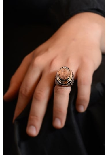 Kehribar Taşlı Inşirah Suresi Yazılı Erkek Gümüş Yüzük