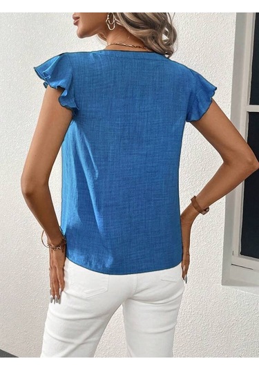 Reka Moda Kadın Kısa Kelebek Kollu V Yakalı Bluz Mavi