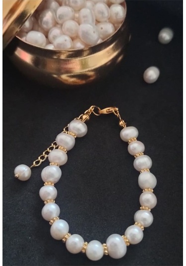 24k Altın Kaplama Gerçek İnci Ara Detaylı Tasarım Bileklik Beyaz Gold