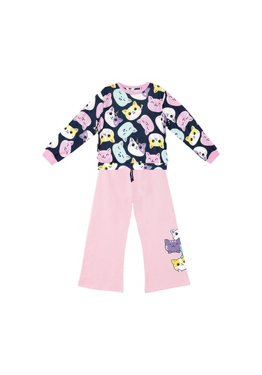 Denokids Sevimli Kediler Kız Çocuk Eşofman Takımı - Lacivert - Pembe