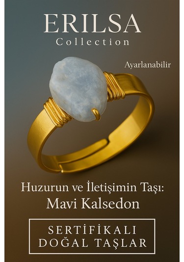 Sertifikalı Doğal Mavi Kalsedon Taşı Yüzük Kalın Tımbıl Kasa Gold Renk Ayarlanabilir Mavi