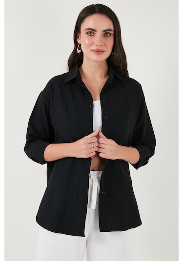 Lela Regular Fit Uzun Kollu Dokulu Bayan Gömlek 6772799 Siyah