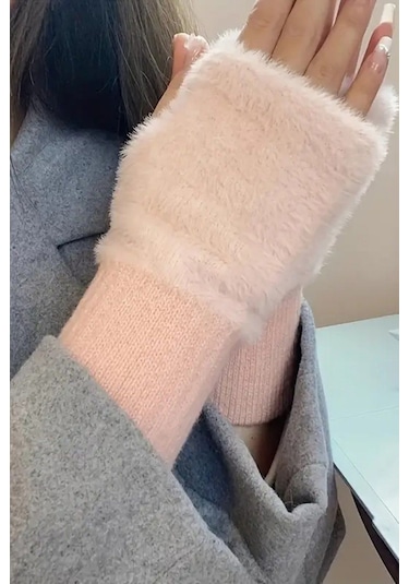 Hitit Socks Kadın 1 Çift Kışlık Parmaksız Termal Esnek Polarlı Peluş Eldiven Pembe Pembe