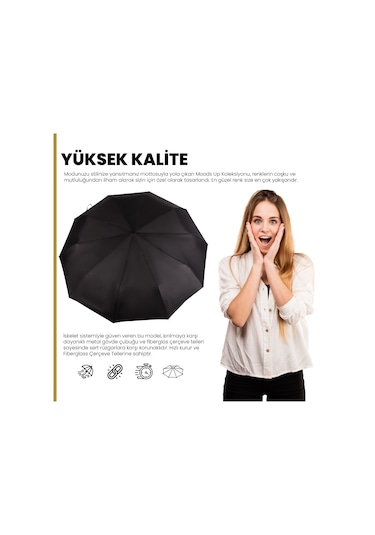 Biggdesign Moods Up Premium Ahşap Saplı Siyah Otomatik Şemsiye, Rüzgara Dayanıklı, Hızlı Kuruyan Çok Renkli