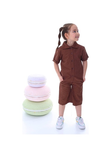 Kız Çocuk Desenli Gömlekli Takım-6369-Kahverengi