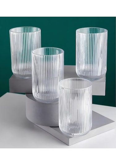 Lucca Minimalist Çizgili Şeffaf 4'lü Cam Su Meşrubat Bardağı - 465 Ml