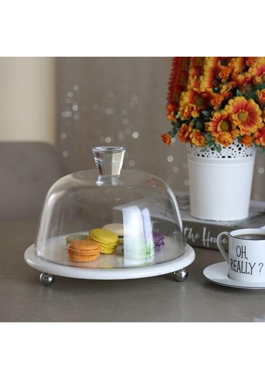 Akayev Mermer Beyaz 25 Cm Gümüş Boncuk Ayak Cam Fanus