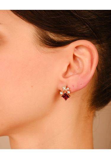 Lekka Design Kadın Takı Kararmaz Çelik Lüks Kırmızı Zirkon Taşlı Yıldızlı Küpe