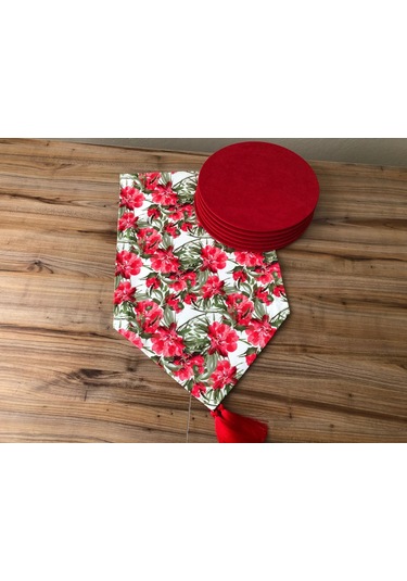 Beyaz Zemin Kırmızı Çiçek Detaylı Runner&supla Çok Renkli