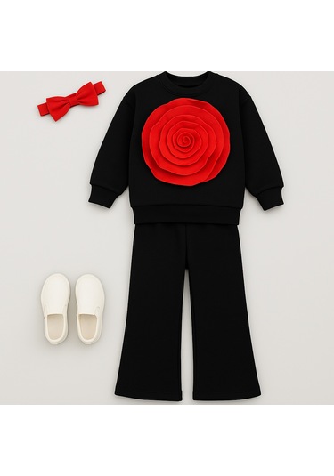 Kız Çocuk Siyah 2 Li Takım Kırmızı Organze Gül Detaylı Sweatshirt & Rahat Eşofman Takım Red Rose