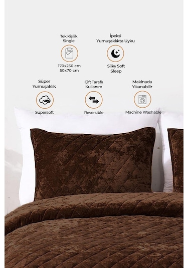 Evlen Home Kapitone Kadife Yatak Örtüsü Seti Tek Kişilik Supersoft 2 Parça Yumuşak Elyaf Dolgulu Koyu Kahve Koyu Kahverengi
