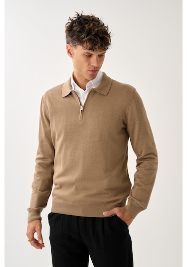 Fermuarlı Polo Yaka Kazak Vizon