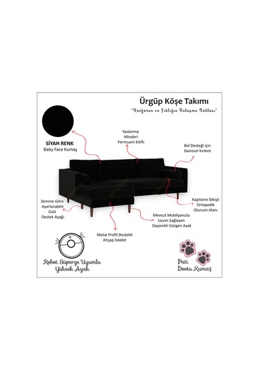 Ürgüp Modern Köşe Koltuk Takımı -siyah- Sol Köşe-baby Face Yumuşak Kumaş Siyah