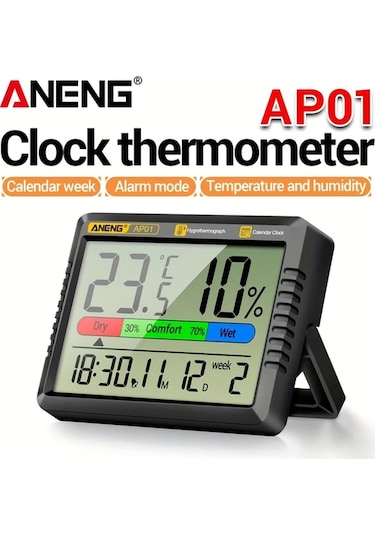 Boatshop1 Aneng Ap01 Grey Cat Dijital Termometre Higrometre Büyük Lcd Ekran Akıllı Alarm Saati Ev Ofis