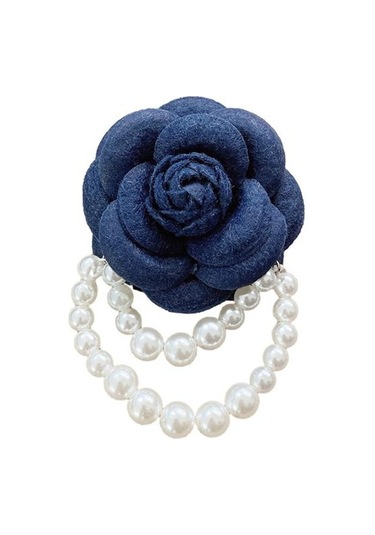 Lacivert Kumaş Gül Broş Zarif Vintage Çiçek Parlak Sahte İnci Zincir Şapka Şal Eşarp Çanta Elbise Yaka Kadın Kızlar Yaka Pin Moda Aksesuarları Lacivert