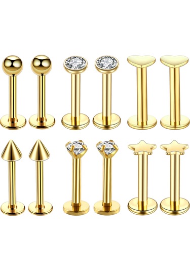 Vkemall 6 Çift Çelik Dudak Piercing Takımı - 1.2mm Çubuk Çapı, Zirkonlu Dekor, Vücut Piercingi İçin Gold