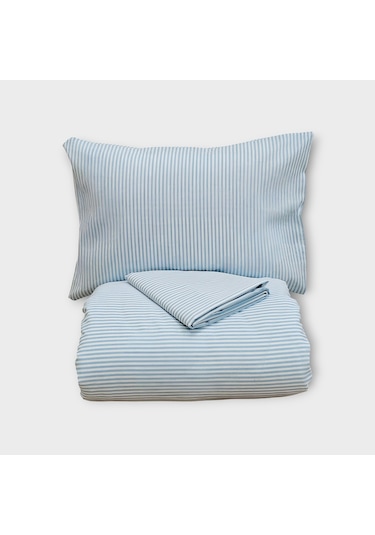Çift Kişilik %100 Pamuk Düz İnce Çizgili Nevresim Takımı | Turkuaz Mavi & Beyaz | 4 Parça | Yumuşak Dokulu Turkuaz Mavi