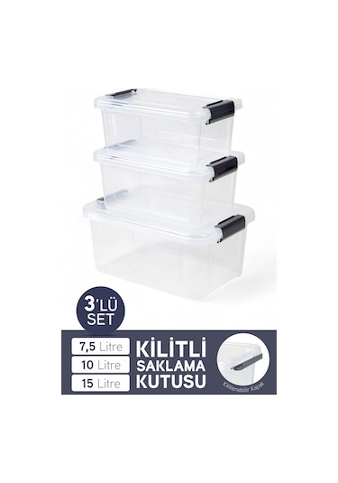 İronika 3'lü Saklama Kabı Yatay Dikdörtgen Kilitli Kapaklı Çok Amaçlı Oyuncak Saklama Kutusu 7,5-10-15 Litre Şeffaf