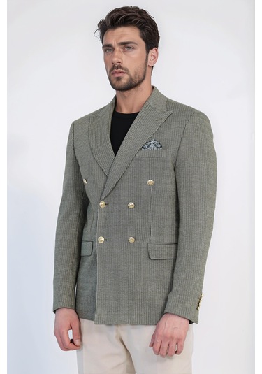 Çizgili Kruvaze Tek Ceket Yeşil