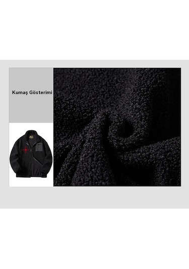 Erkek Sonbahar Ve Kış Kuzu Derisi Kalın Polar Ceket Siyah