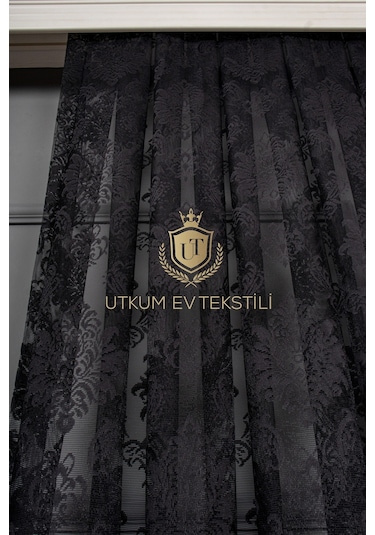 Damask Desen Siyah Örme Tül Perde 1012