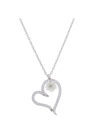 Nagıss Kalp Model Sedef Çiçek Detaylı Zirkon Taşlı 925 Ayar Gümüş Kadın Kolye