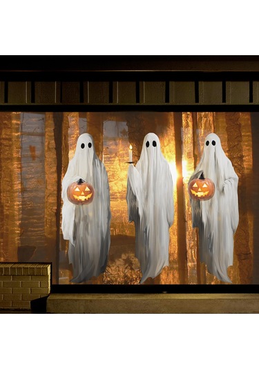 Gajeena Halloween Penceresi Dekorasyon Seti: Büyük Boy Beyaz Hayalet Kabak Işıklı Çift Taraflı Pvc Pencere Sticker - Tekrarlı Kullanımlı Ev Dekoru Beyaz