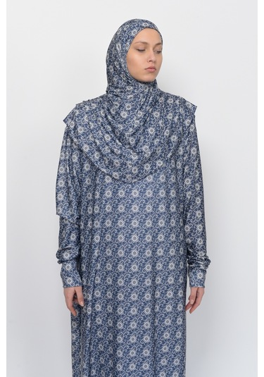Pratik Tek Parça Güneş Desenli Kollu Tak Çıkar Başörtülü Likralı Tesettür Namaz Elbisesi 990-0302 Lacivert Antrasit