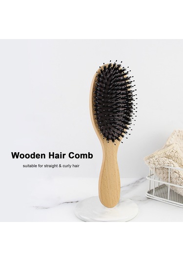 Vkemall Ahşap Saplı Piliç Tüyü Hava Yastığı Saç Fırçası - Saç Bakımı Ve Stilleri İçin Nemlendirici Kıllı Tıraş Fırçası