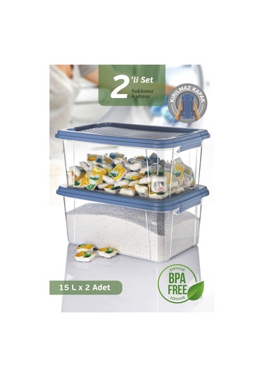 2'li Mega 15l Un Bakliyat Erzak Kabı - Kilitli Kapaklı Banyo Düzenleyici Deterjanlık Saklama Kutusu Mavi