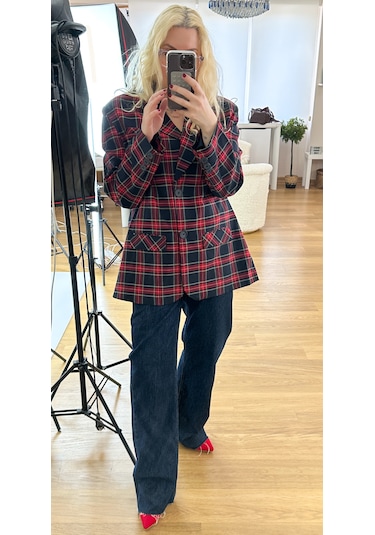 Modaonna Ekose Desen Kırmızı Blazer Ceket Kırmızı