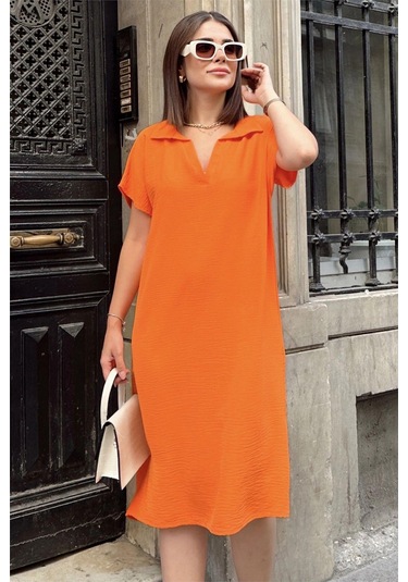 Turuncu Kısa Kol, Polo Yaka, Dokulu Kumaş, Basic Kalıp/kesim, Aerobin Rahat Midi Elbise Turuncu