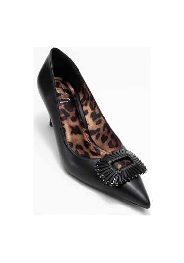 Great Siyah-siyah Desenli Tokalı Kadın Topuklu Ayakkabı Leopar - Siyah
