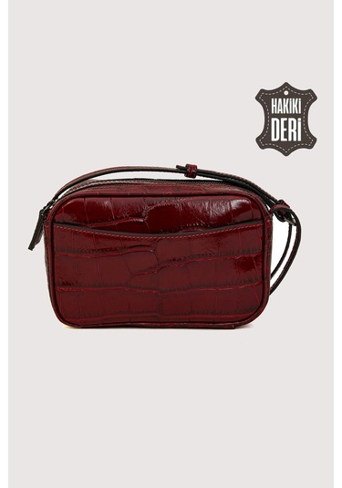 Hakiki Deri Kadın Çapraz Omuz Çantası Kırmızı Kroko Smr8975 Kırmızı Kroko