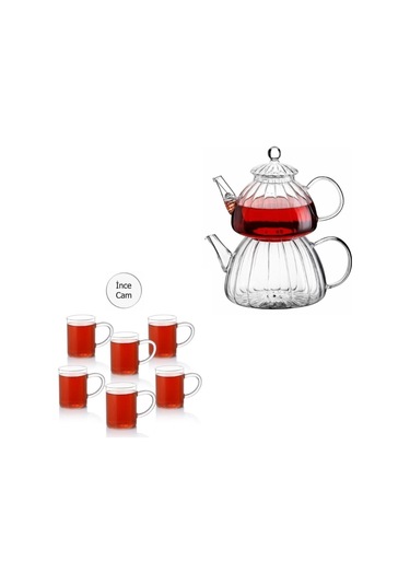 Ateşe Dayanıklı Borasilikat Cam Çaydanlık 6 Adet Borasilikat Kupa