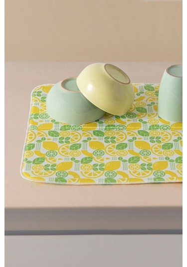 Bulaşık Kurutma Örtüsü, Bulaşıklık, Tezgah Üstü Bulaşık Matı, Süper Emici Mutfak Matı, Limon Desenli Çok Renkli