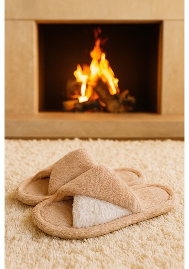 Softıe Çapraz Kadın Ev Terliği Kışlık Terlik Sessiz Taban Bej