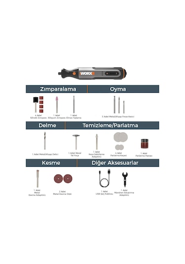 Worx WX106 8 V Kalem Tipi Devir Ayarlı Gravür Makinesi + 21 Parça Aksesuar