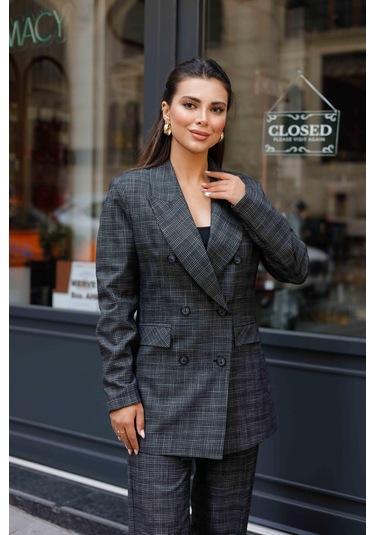 6 Düğmeli Kruvaze Ekose Takım Siyah Siyah