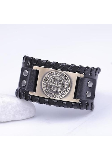 Skyrim Vintage Viking Pusula, Adam İçin Hakiki Deri Bileklik, Nordic Runes, Geniş Siyah Gümüş Altın - Bej