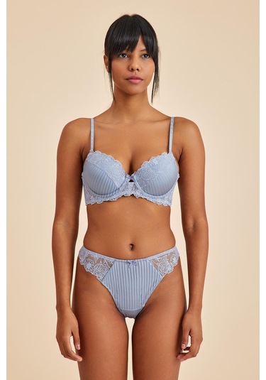 Paris Gri Mavi Balenli Dantelli Dolgulu Push-up Sütyen Mavi