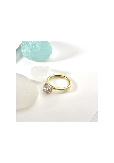 14 Ayar Altın Kaplama Yuvarlak Kesim Tektaş Gümüş Yüzük - Rs00101 Altın