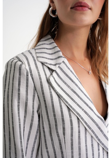 4641 Kadın Keten Çizgili Crop Ceket Siyah Siyah